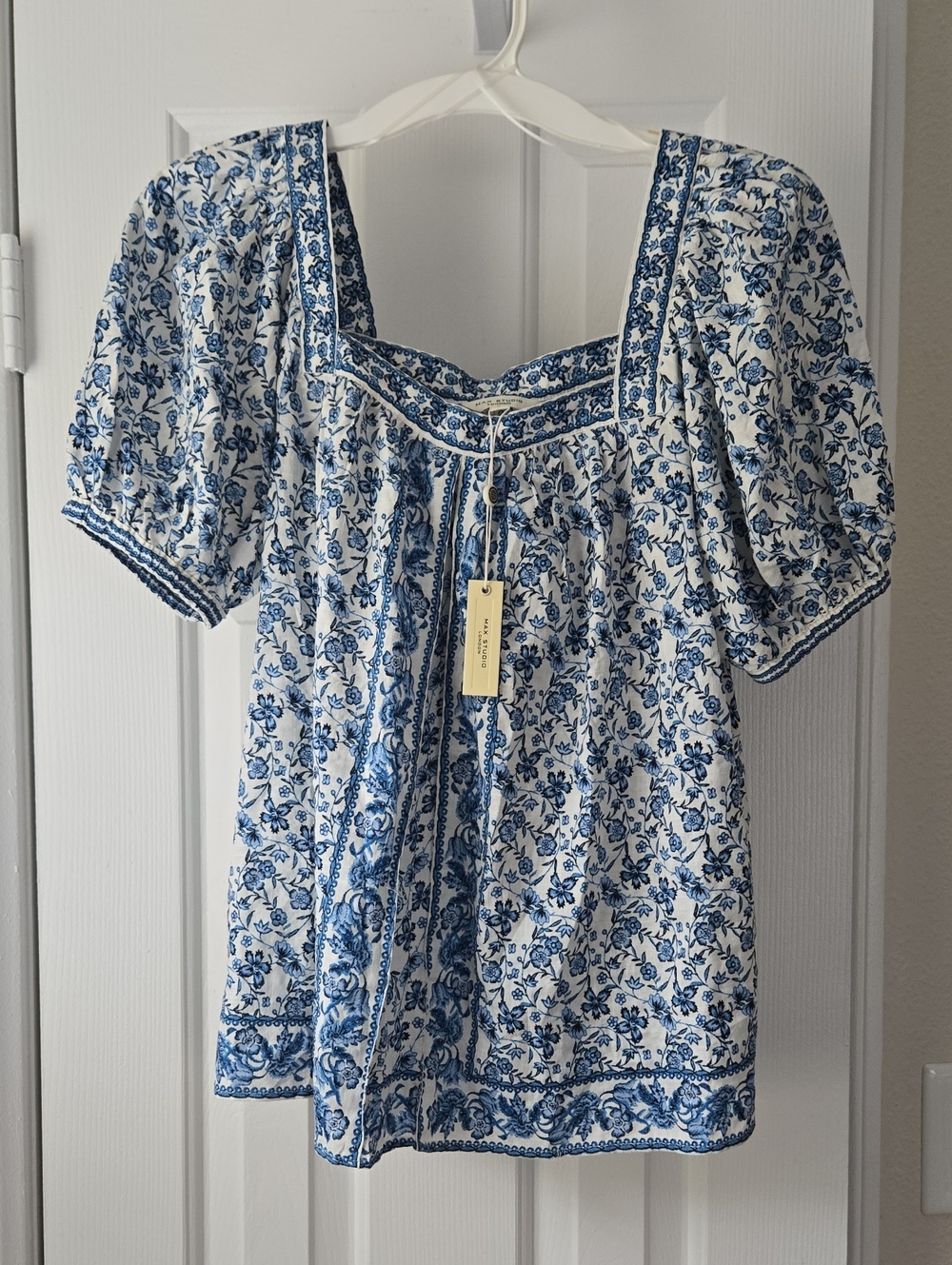Max Studio White and Blue Floral Square-Neck Peasant Blouse